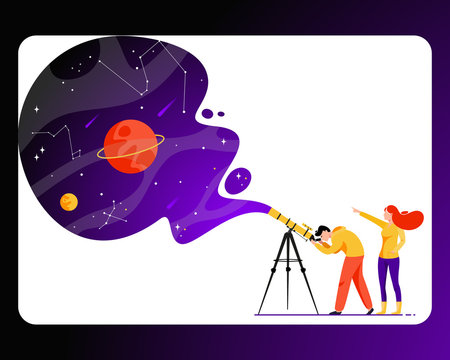 Man and woman with telescope in search of a star