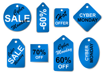 Set of cyber monday sale labels and tags in black and blue colors