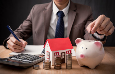 Businessman agent offer sale home. concept loan marketing house property.