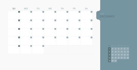 Calendar design template for 2019 Simple planner for December month, week starts on sunday. Design print template with place for logo company. Flat vector illustration EPS10