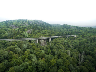The Blue Ridge Pkwy. Road above the trees on a misty morning.