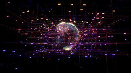 Fototapeta premium Big data visualization with digital Earth. HUD grid corners 3d render background. Analysis of information. Visual data infographics design.