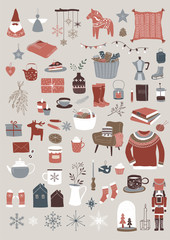 Nordic, Scandinavian winter elements and Hygge concept design, Merry Christmas card, banner, background