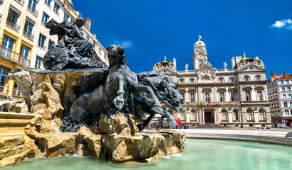Raamstickers De Fontaine Bartholdi en het stadhuis van Lyon op de Place des Terreaux, Frankrijk © Leonid Andronov