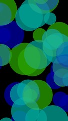 Multicolored translucent circles on a dark background. Vertical image orientation. 3D illustration