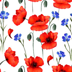 Seamless floral poppy pattern. Hand drawn watercolor - 229370067
