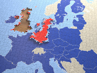 Puzzle with pieces from the United Kingdom, outside the docking region. Concept of the UK leaving the European Union.