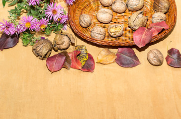 basket with walnuts and autumn leaves of different colors on a wooden surface