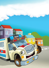 Cartoon city look with ambulance - illustration for the children