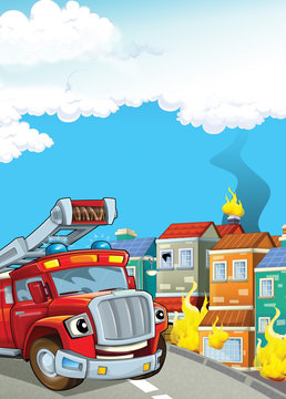 cartoon illustration with fire fighter truck at work putting out the fire