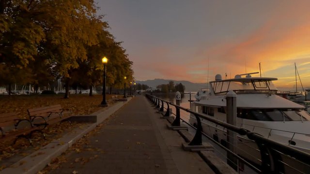 Coal harbour vancouver canada promenade during the sunrise and beautiful autumn colours