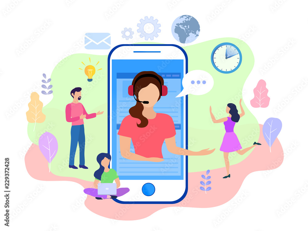 Poster landing page template customer and operator, online technical support 24-7 for web page. vector illu
