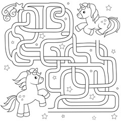 Help unicorn find path to friend. Labyrinth. Maze game for kids. Vector black and white illustration for coloring book © alka5051