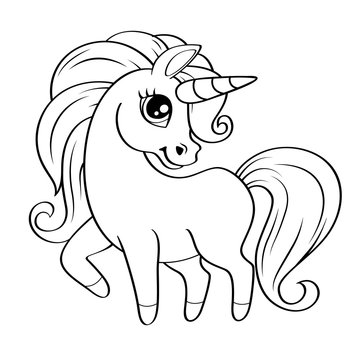 Fototapeta Cute little unicorn. Vector black and white illustration for coloring book