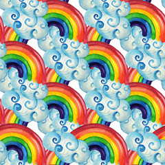 Obraz premium Seamless pattern with rainbow and clouds