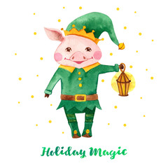 Greeting card with cute pig in an elf costume in a hat with a bell.