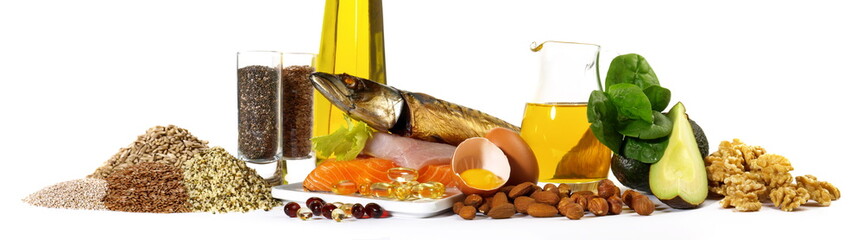 Fisch und Lebensmittel mit Omega 3 - Panorama Freigestellt