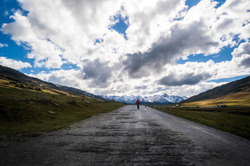 Persona caminando sola con dos perros en una carretera de montaña