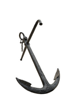 Isolated Big fisherman black ancient iron anchor with piece of chain attached