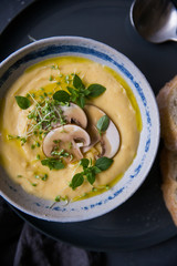 Cheese cream soup with mushrooms, herbs and white bread in gray plate on black background
