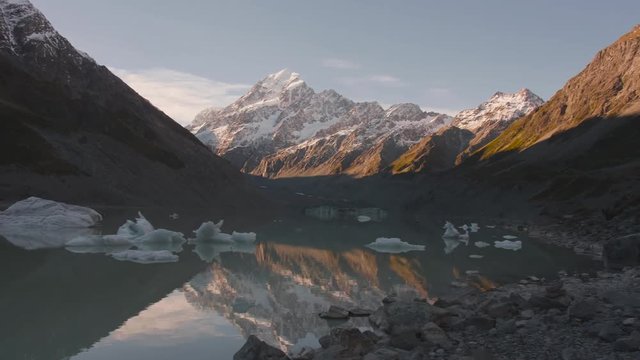 Glacier lake with ice blocks and background of Mount Cook