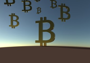 Bitcoin on the skyline. Golden bitcoin