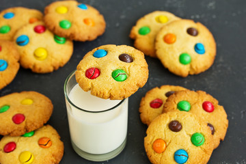 Shortbread cookie with multi-colored sweets and chocolate chips,