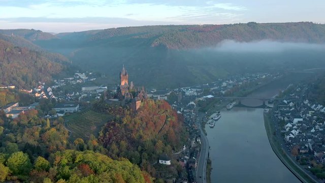 Autumnal Aerial View of Cochem Town in Germany and the Castle Overlooking the River