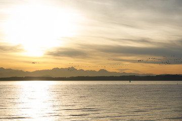 Obraz premium Lake chiemsee at late fall at sunset