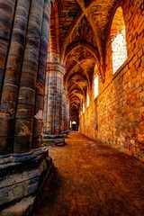 Fototapeta na wymiar Ruin of medieval Kirkstall Abbey inside. Great Britain.