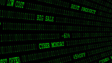 Cyber monday background of zeros, ones and inscriptions in dark green colors