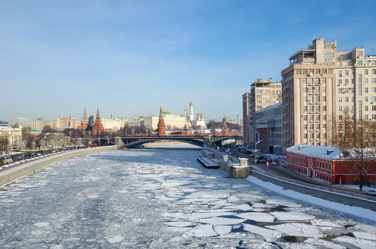Moscow, Russia - January 25, 2018: Winter view of the Moscow Kremlin, Prechistenskaya and Bersenevskaya embankments