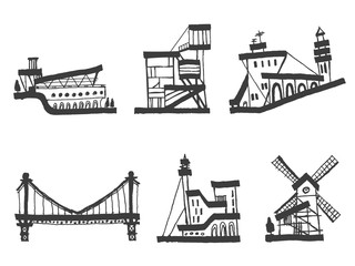 Obraz premium Fantastic city buildings, hand drawn with ink pen. Terminal, Slum, Hill street, Bridge, City Center and Countryside. Set of vector illustrations.