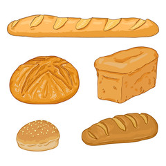Vector Cartoon Set of Fresh Baked Bread Loaves and Baguettes