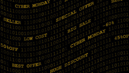 Cyber monday background of zeros, ones and inscriptions in dark yellow colors