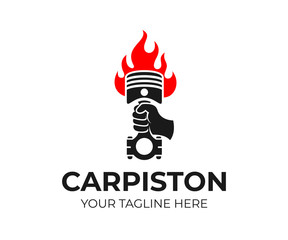 Hand holding a car piston in the form of a torch with fire, logo design. Сar repair shop, auto parts, automotive and automobile service, vector design and illustration