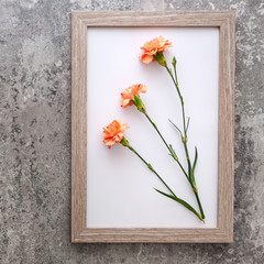 Concrete background with a wooden frame with pink carnations in the middle