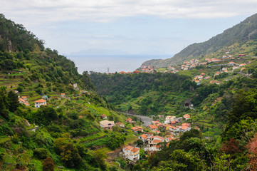 Fototapeta na wymiar Landscape with town. View of Machico, Madeira, Portugal, Europe.