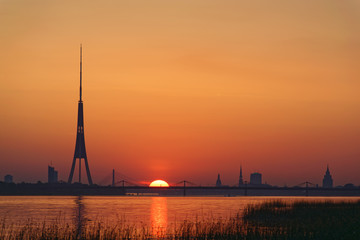 Fototapeta na wymiar Major highest buildings in Riga, sunset