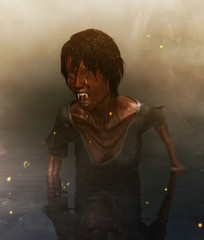 3d illustration of Ghost woman in the lake,Scary background mixed media