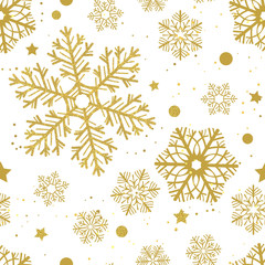 Seamless pattern with golden snowflakes on red background. Element for Christmas design.
