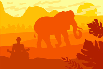 Indian Landscape With Elephant and Yog