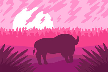 Landscape with wild bizon on field © barsrsind