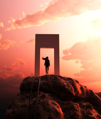 Girl climbing to the top with her dream to become success,3d rendering