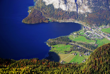 Aerial view of Hallstatt Lake from the Krippenstein of the Dachstein Mountains range in Obertraun, Austria, Europe
