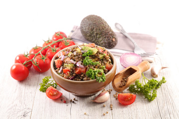 lentil with avocado, tomato and onion