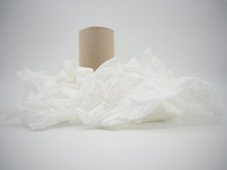Pile of tissue paper with roll core. Empty roll with toilet paper on a white background.
