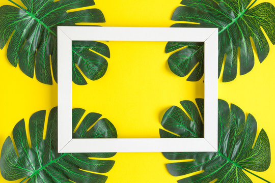 Flat lay abstract of picture frame and monstera leaves isolated on yellow.