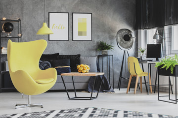 Scandinavian design living room with grey concrete wall and modern yellow furniture, real photo
