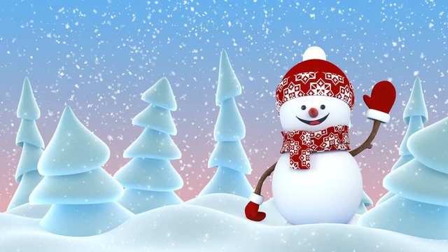 Cute Snowman in Red Cap Greeting with Hand and Smiling in Winter Forest Snowfall. Beautiful 3d Cartoon Animation. Animated Greeting Card. Merry Christmas Happy New Year Concept. 4k Ultra HD 3840x2160.